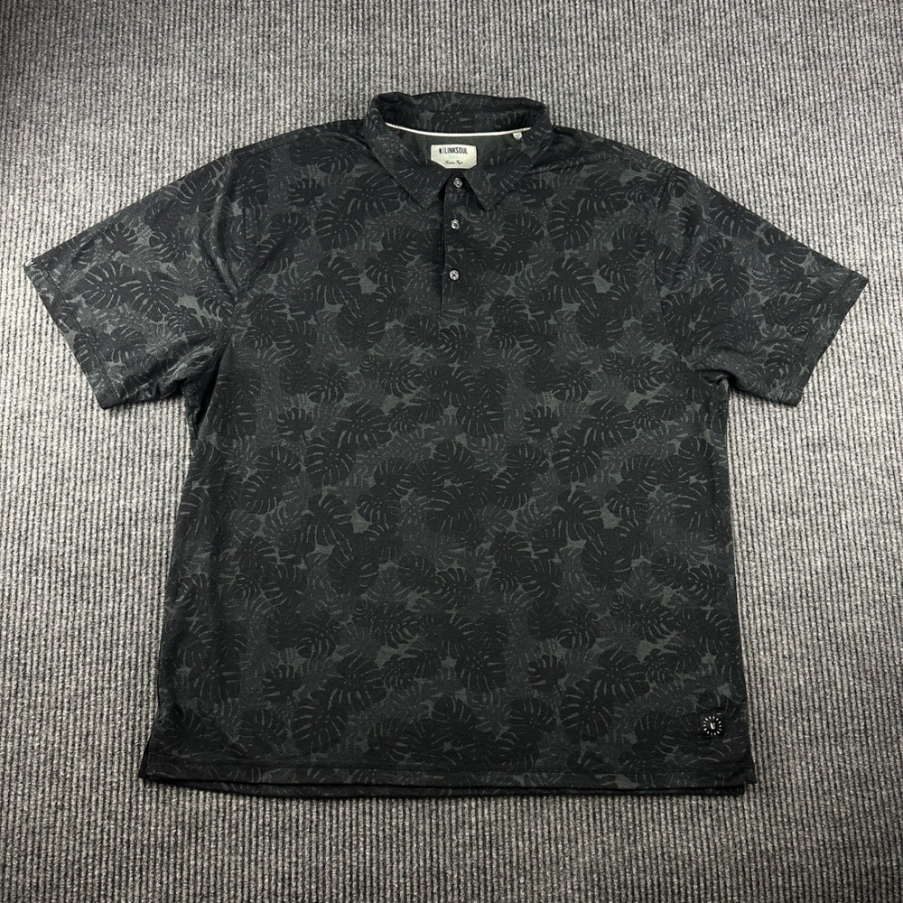 Linksoul Mens XXL Gray Black Monstera Leaf Print Golf Polo Shirt LS1381P